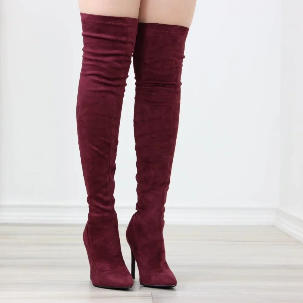 Wine Women's Thigh High Boots Faux Suede Pointed Toe Stilettos - Picture 9 of 15
